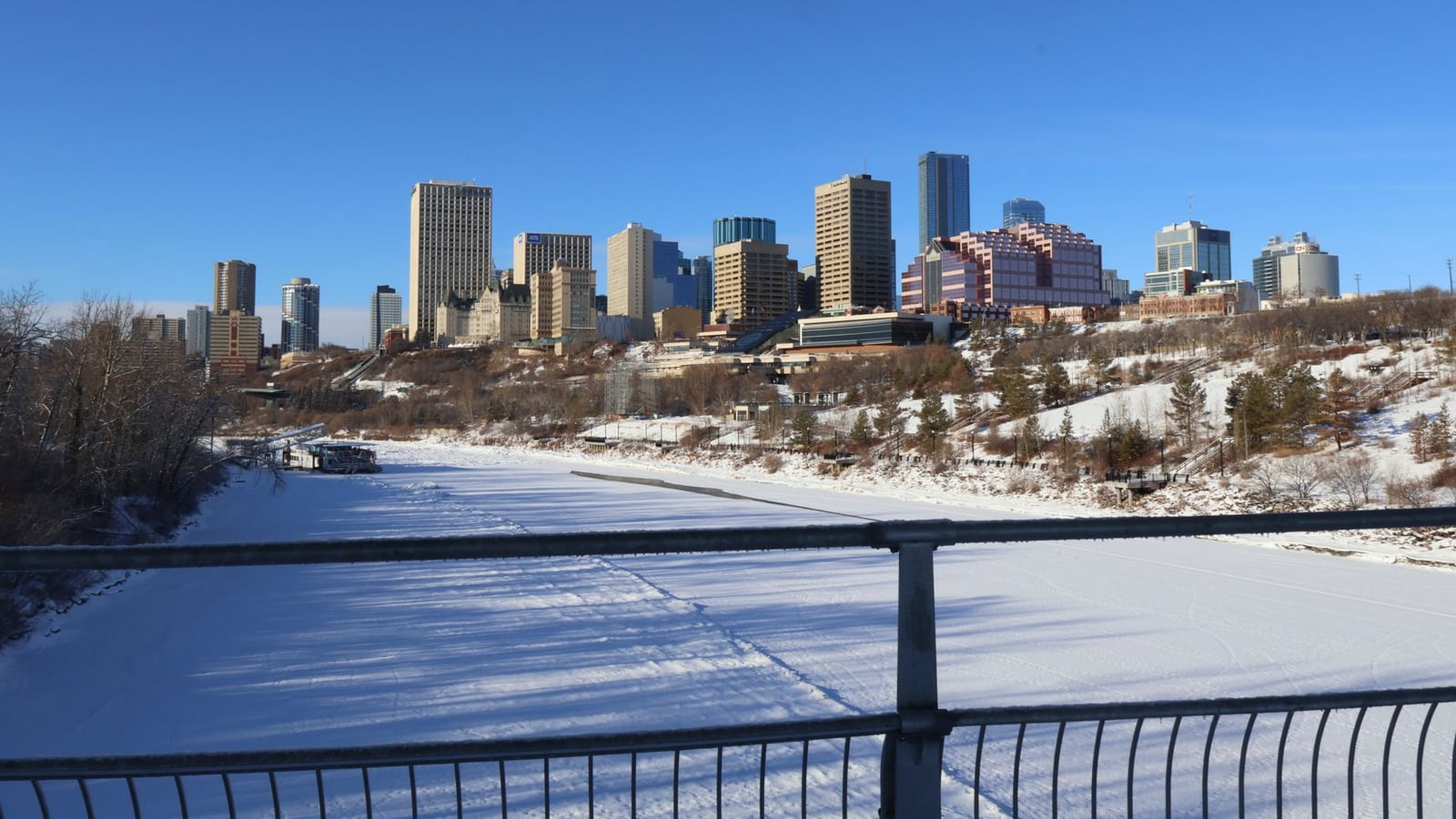 Panoramic view of the Edmonton city skyline at twilight