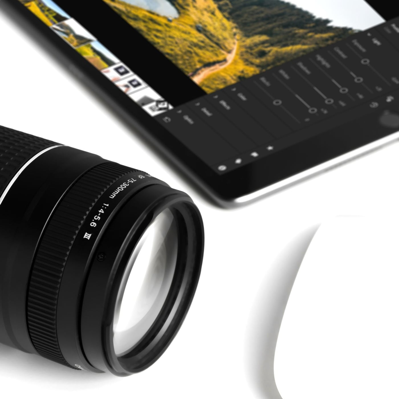 Extreme close-up of a professional camera lens with light reflections